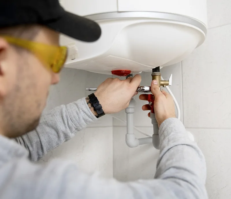 Plombier en intervention sur un chauffe-eau